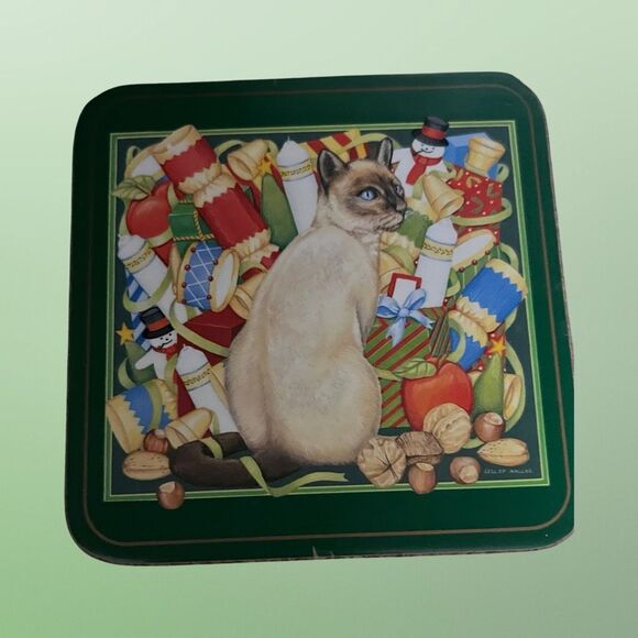 Set of 5 Pimpernel Christmas Cat Coaster Collection Cork Back Siamese Tabby B12 - Picture 5 of 6